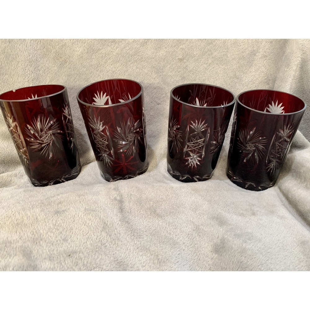 SET OF 4 RUBY RED BOHEMIAN CRYSTAL CUT TO CLEAR WHISKEY TUMBLER BAR GLASSES - Picture 7 of 14